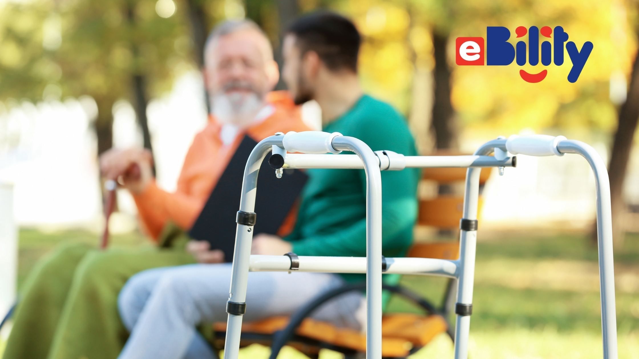 a walking frame outdoors with people in the background